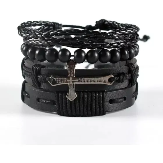 Conjunto 4 Pulseras Cuero Genuino Dije Cruz Crucifijo