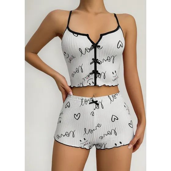 Conjunto Sensual Pijama Corto Peto Y Short Con Diseños Mujer