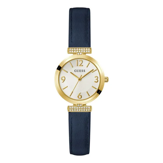 Reloj pulsera Guess GW0614L5 con correa de piel color azul - fondo blanco - bisel dorado