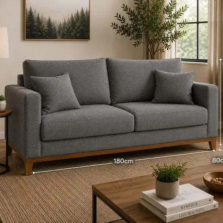 Sofá Luxo 3 Lugares 1,80m Linho Nobre Cinza Confortável com 2 Almofadas Decorativas Pés de Madeira Ideal Para Sala, Escritório