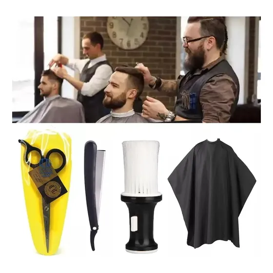Combo Kit Barberia Peluqueria Tijera Navaja Brocha Capa Set