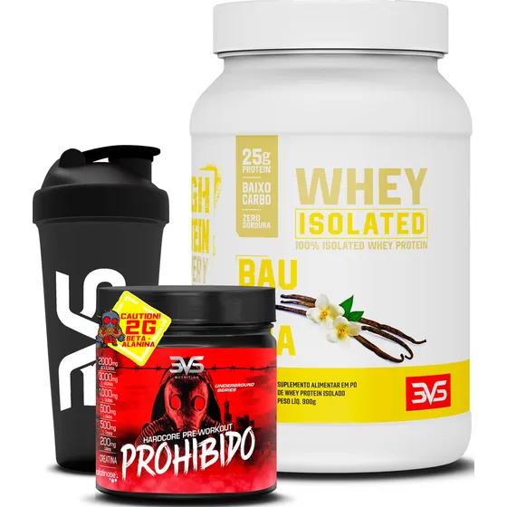 100% Whey Isolado 900g + Pré Treino Prohibido 360g + Shaker Sabor Baunilha