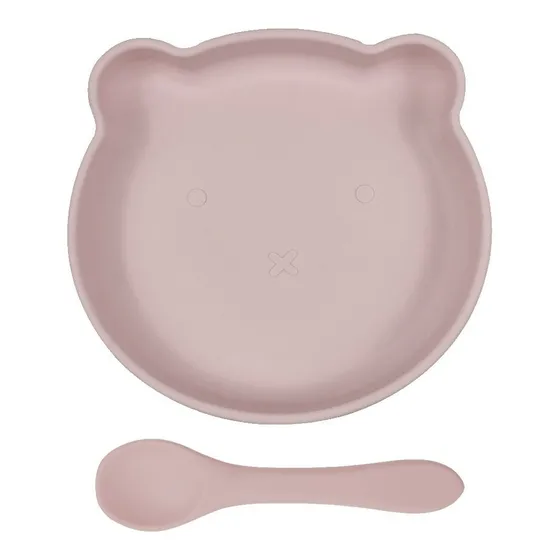Plato Silicona Bebe Oso C/cuchara Premium Antideslizante Color Rosa Pálido