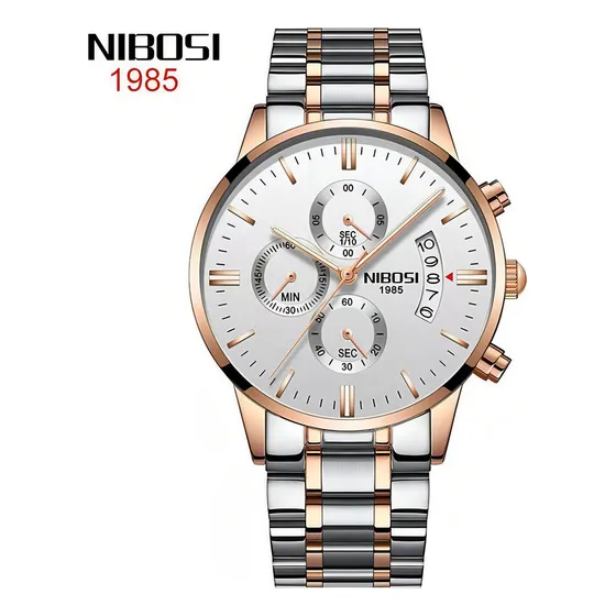 Relógio Masculino Nibosi 1985 Prata Dourado Branco