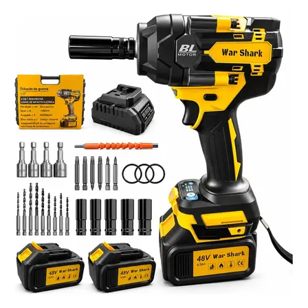 1500 N.m Chave De Impacto Profissional 48v Brushless 2 Baterias 4000ma War Shark Bivolt Parafusadeira E Furadeira Maleta E Acessórios Alta Potência Motor Sem Escovas Amarelo 127/220v 60hz