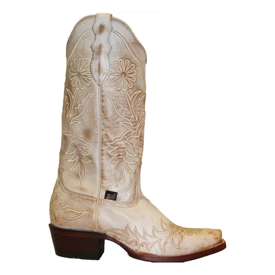 Botas  Vaqueras Mujer Picuda Justin Crema Suela De Cuero 