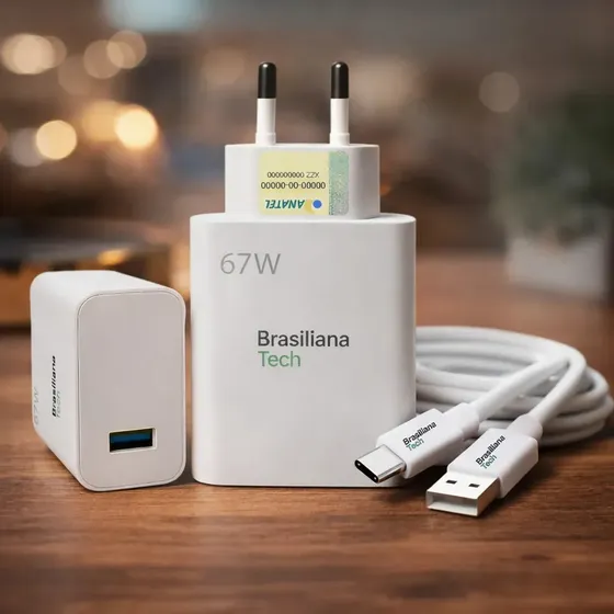 Carregador Turbo 67W USB-C Tipo C com Cabo 1m Fonte de Parede Carregamento Rápido Adaptador Tomada Compatível com Xiaomi Redmi Note 7 8 9 10 11 12 Pro Poco X3 Pro M3 Mi 8 9 10 A2 A3 Brasiliana Tech
