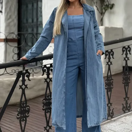 Sobretudo Jeans Jaqueta Alongada Midi 100% Algodão Premium Unica G Liso