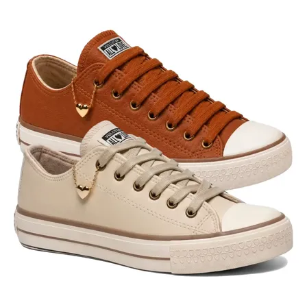Kit 2 Tênis Feminino Vulc Star Cano Baixo Couro Casual Areia + Caramelo 36,0 Br