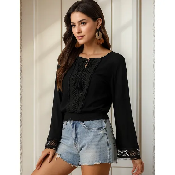 Blusa Mujer De Encaje Bohemio Con Cintura Fruncida Y Ojales