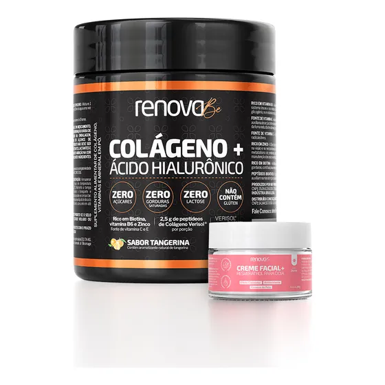 Kit Colágeno Verisol com Biotina no Sabor Tangerina + Creme Facial Resveratrol - Renova Be