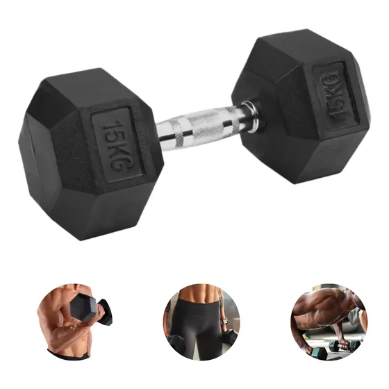 Halter 15kg Dumbbell Sextavado Emborrachado Pegada Cromada