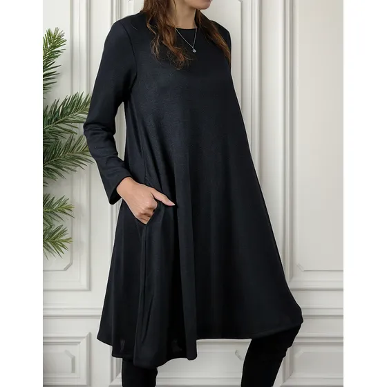 Vestido Midi Suelto Con Bolsillos Lanilla Guayacan