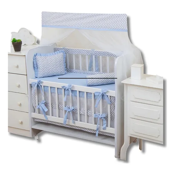 Enxoval De Mini Berço Tela Respiravel Chevron Azul
