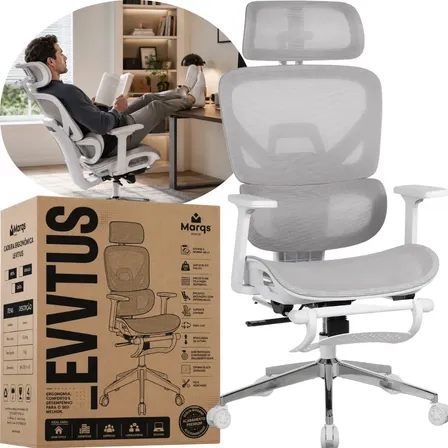 Cadeira De Escritorio Presidente Ergonômica nr17 Levitus Marqs Home Suporte Lombar 3D Apoio Para Pés Retrátil Encosto Braço Ajustável 200kg Resistente Malha Respirável Mesh Premium Cinza