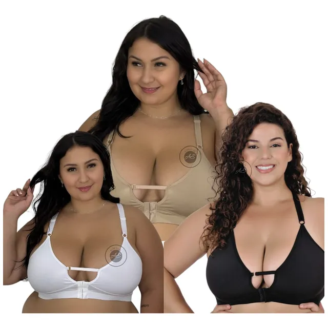 Kit Com 3 Sutiãs Plus Size Reforçado Nadador Sem Bojo Multicolorido Liso 52