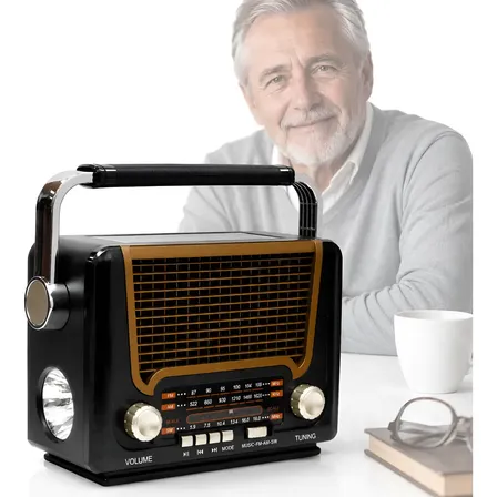 Radio Retro Vintage Emergencia Linterna Panel Solar Portatil Negro