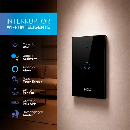 Interruptor Inteligente Smart Wifi Alexa Google 1 Botão Touch Preto Bivolt Neutro Paralelo Neo