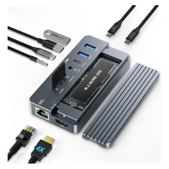 Hub Dock Station 1 Usb-c 10gbps Hdmi Case Ssd M.2 Nvme Rj45