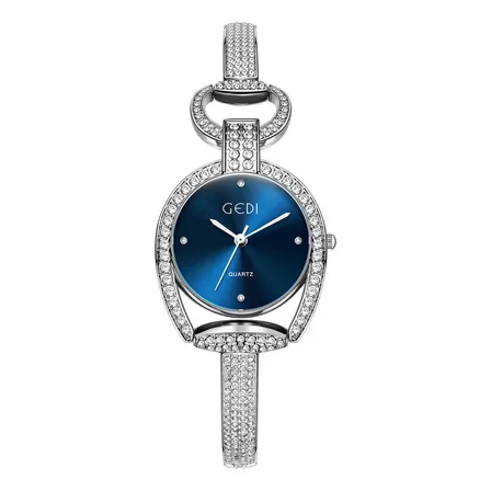 Elegante Relógio Feminino Azul Metálico Prateado Com Cristai Correia Plateado Con Incrustaciones Brillantes Bisel... Prateado Decorado Com Cristais Prateado Com Incrustações Brilhantes