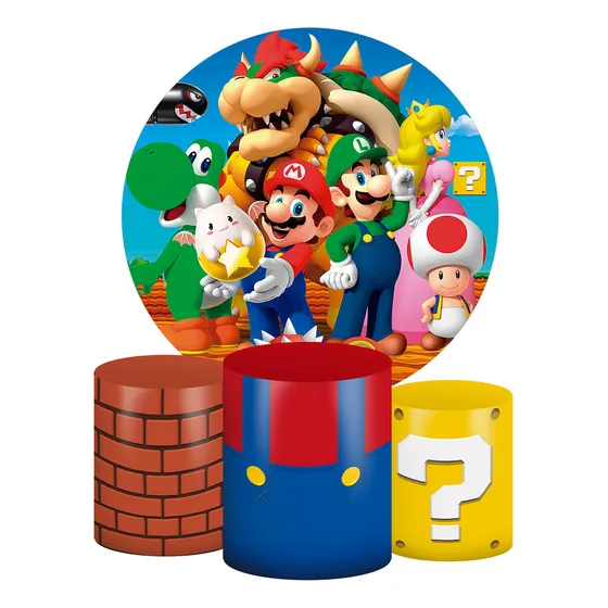 Kit Painel Redondo + Trio Capas Cilindro Super Mario Bros