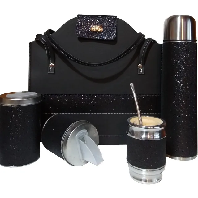 Equipo Matero Kit Cartera Negro Glitter Negro Termo 1 L
