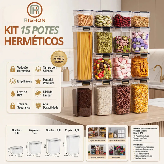 Kit 15 Potes Hermético Cadencia Mantimentos Quadrado Cozinha Branco Rishon 22,4 Litros Transparente Kit 15 Potes Hermético Cadencia Mantimentos Quadrado Cozinha Branco Rishon 22,4 Litros Transparente