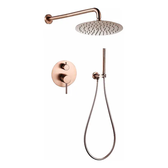 Regadera De Baño Redonda Con Sistema Interno Solana Modelo Nilo Color Gold Rose / Cabezal Con Salida De Agua Modo Lluvia Y Regadera De Mano Con Sistema Monomando