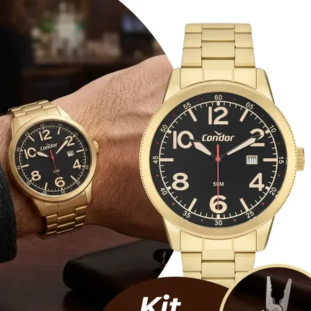 Relógio Masculino Dourado E Preto Luxo Kit C/ Alicate Condor