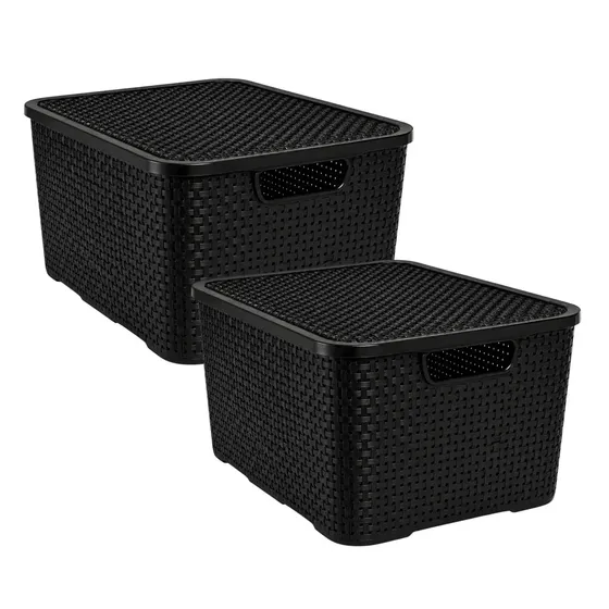 Kit 2 Cestos Organizadores de Rattan Pretos com Tampa e Alças de 7 Litros