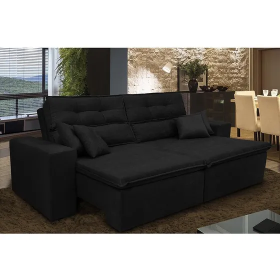 Sofá Cairo 3,12m Retrátil Reclinável Com Molas Preto Desenho do tecido Liso