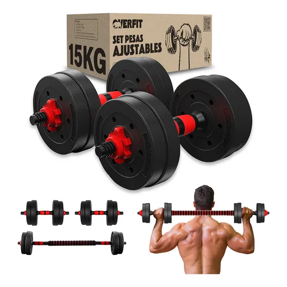 Set Mancuernas Y Barra Unibles 15kg Fitness Pesas Ajustables Overfit