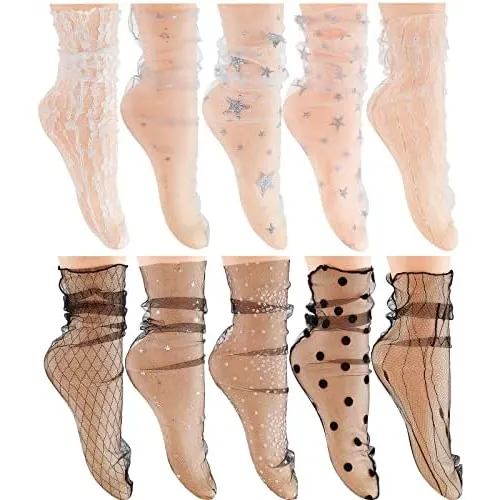 Calcetines Transparentes Y Brillantes De Encaje, 10 Pares