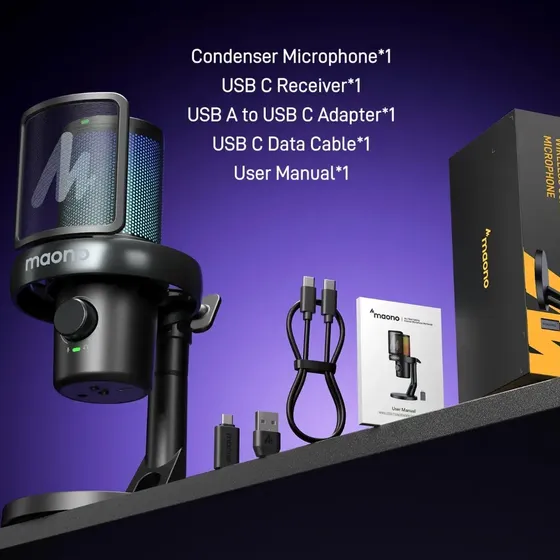 Microfone Gamer Maono DM40 PRO RGB Preto com Suporte de Mesa