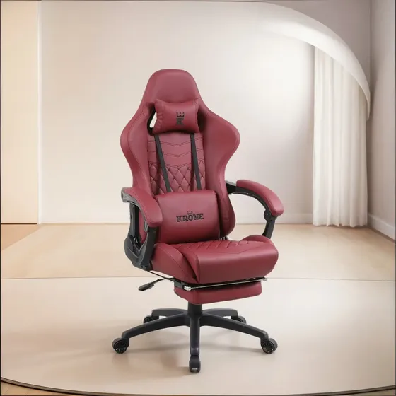 Silla Gamer Profesional Krone Xl Línea Premium Apoyapiés Color Burdeo Material Del Tapizado Cuero Sintético