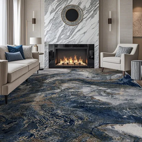 Alfombra Moderna Lavable 2.4 X 3 M Azul Dorado Antideslizant