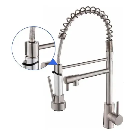 Torneira Cozinha Bancada Em Aço Inox Com Jato Direto E Spray Prateado Escovado