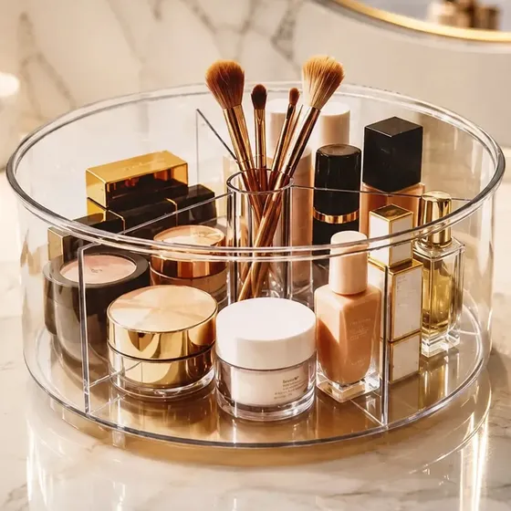 Organizador de Maquiagem Giratório de Acrílico Transparente para Cosméticos e Pincéis