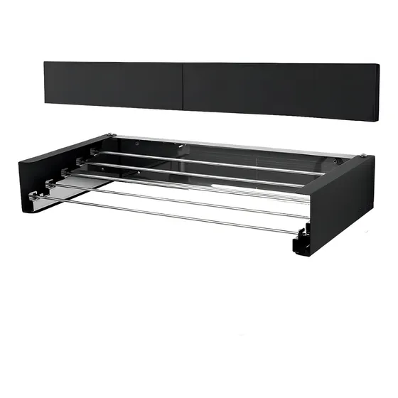 Varal De Parede 80cm Retrátil Mágico Recolhivel 5 Varetas Invisível Para Roupa Apartamento Lugar Pequeno Preto