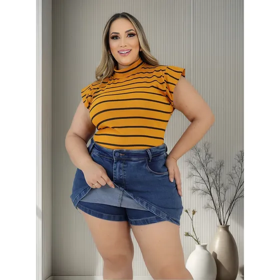 Short Saia Jeans Plus Size Feminino Com Saia Atras Elastano