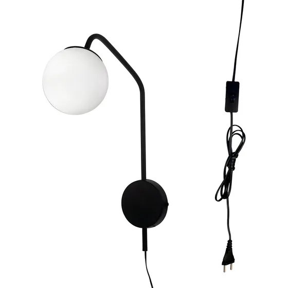 Arandela New Figo Preta Plug E Interruptor - Vidro Branco