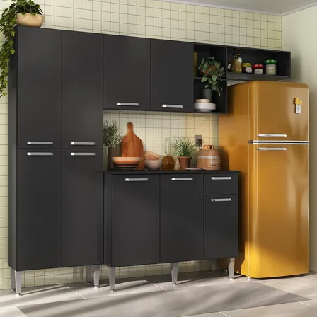 Cozinha Modulada Completa Compacta Pequim 9 Portas Com Armário E Balcão Mp2933 Multimóveis Cor Preto Acetinado Texturizado