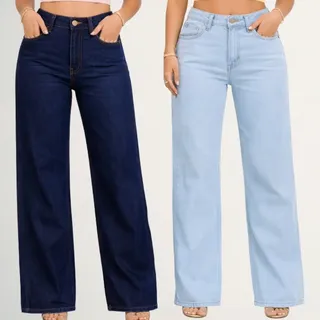 Kit 2 Calças Wide Leg Jeans Femininas Cintura Alta Premium