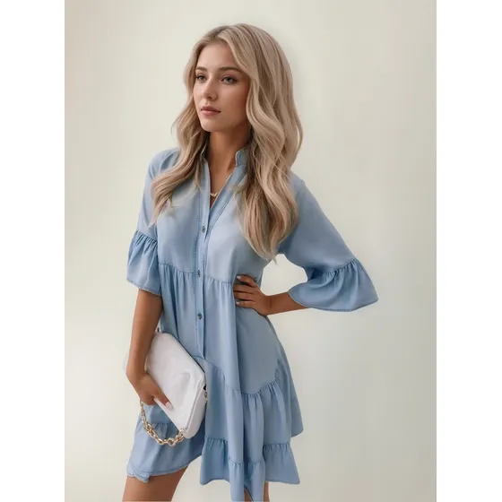 Vestido Vaquero Mujer - Cuello V Volantes Algodón Lavado