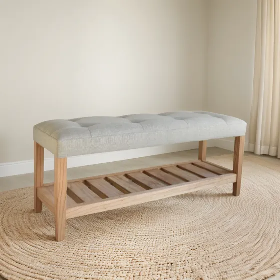 Banqueta Pie De Cama Abotonado Con Estante Calidad Premium Acabado de la estructura Laqueado Tapizado Pana Donn Antimanchas/ Pana Panne Antimanchas/ Tela Tokio/ Ecocuero Talampaya/Lino Spazio