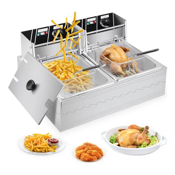 Freidora Eléctrica De Aceite Doble Bandeja, 3200 W, Capacidad 12 Lt, Acero Inoxidable, Temp. 60-200°c, Seguridad Antisalpicaduras, Industrial, Blick Color Plateado