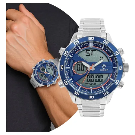 Relógio Masculino Digital E Analógico De Pulso Movimento Quartzo Prata E Azul Com Caixa E Pulseira De Aço Inoxidável Luxo Elegante Social Casual Tuguir Tg1161 Tg30268