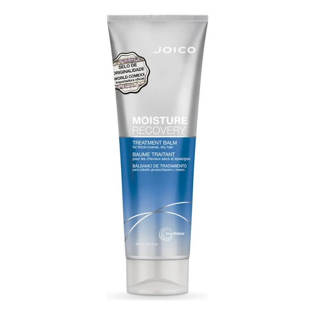 Tubo de máscara de tratamento Joico Moisture Recovery Treatment Balm de 250ml com embalagem prateada e azul
