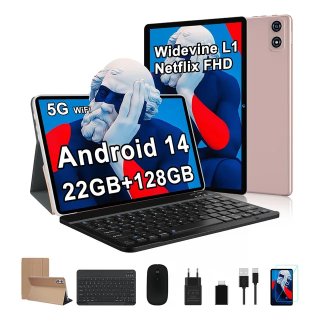 Fezawio F10 Tablet 10.1 Android 14, 22gb Ram+ 128gb Rom, 8000mah, Octa-core, Facial Id, Fhd, Gps, Bluetooth 5.0, Con Teclado Mouse Y Funda