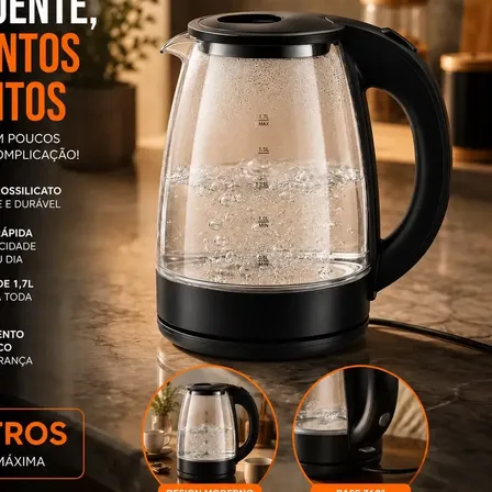 Chaleira Elétrica de Vidro Hold On 1.8 Litros, com Aquecimento Rápido e Desligamento Automático